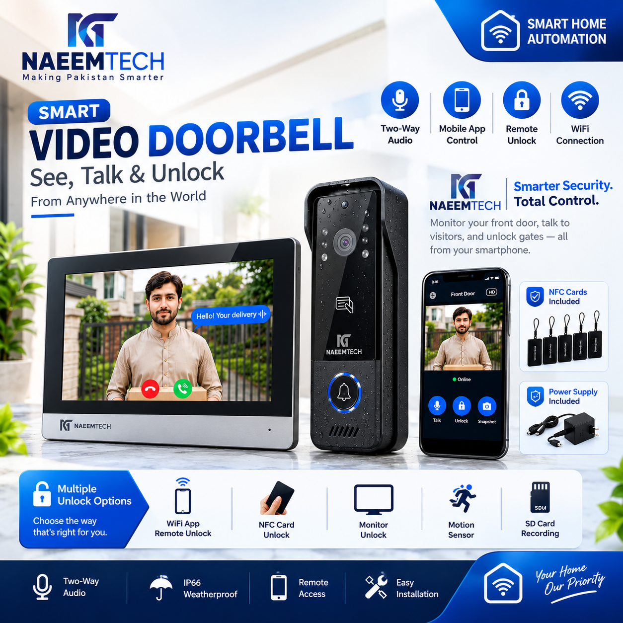 Smart wireless video doorbell with 7-inch touch screen monitor and WiFi