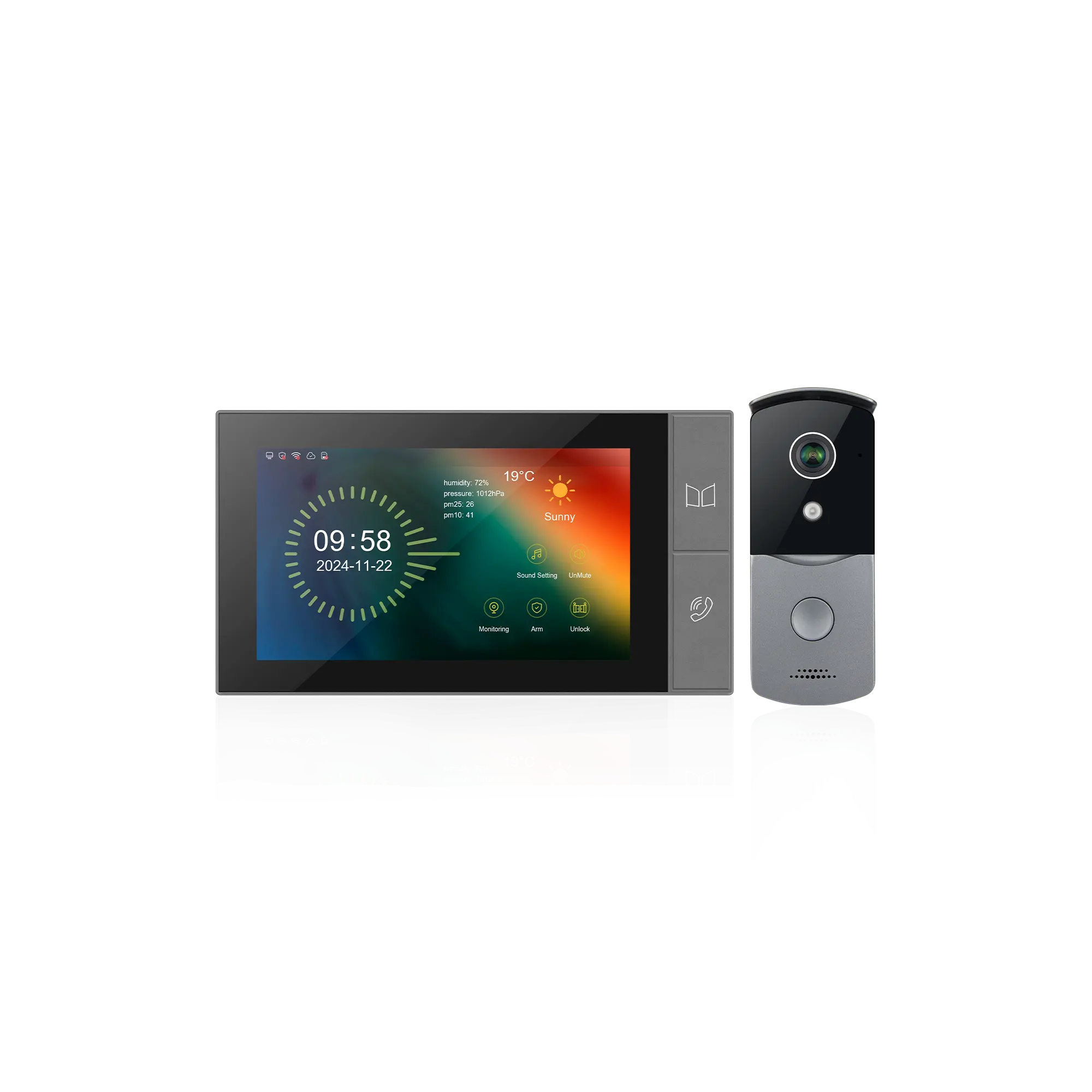 Alt Text: Smart video door intercom system with indoor monitor and outdoor doorbell camera